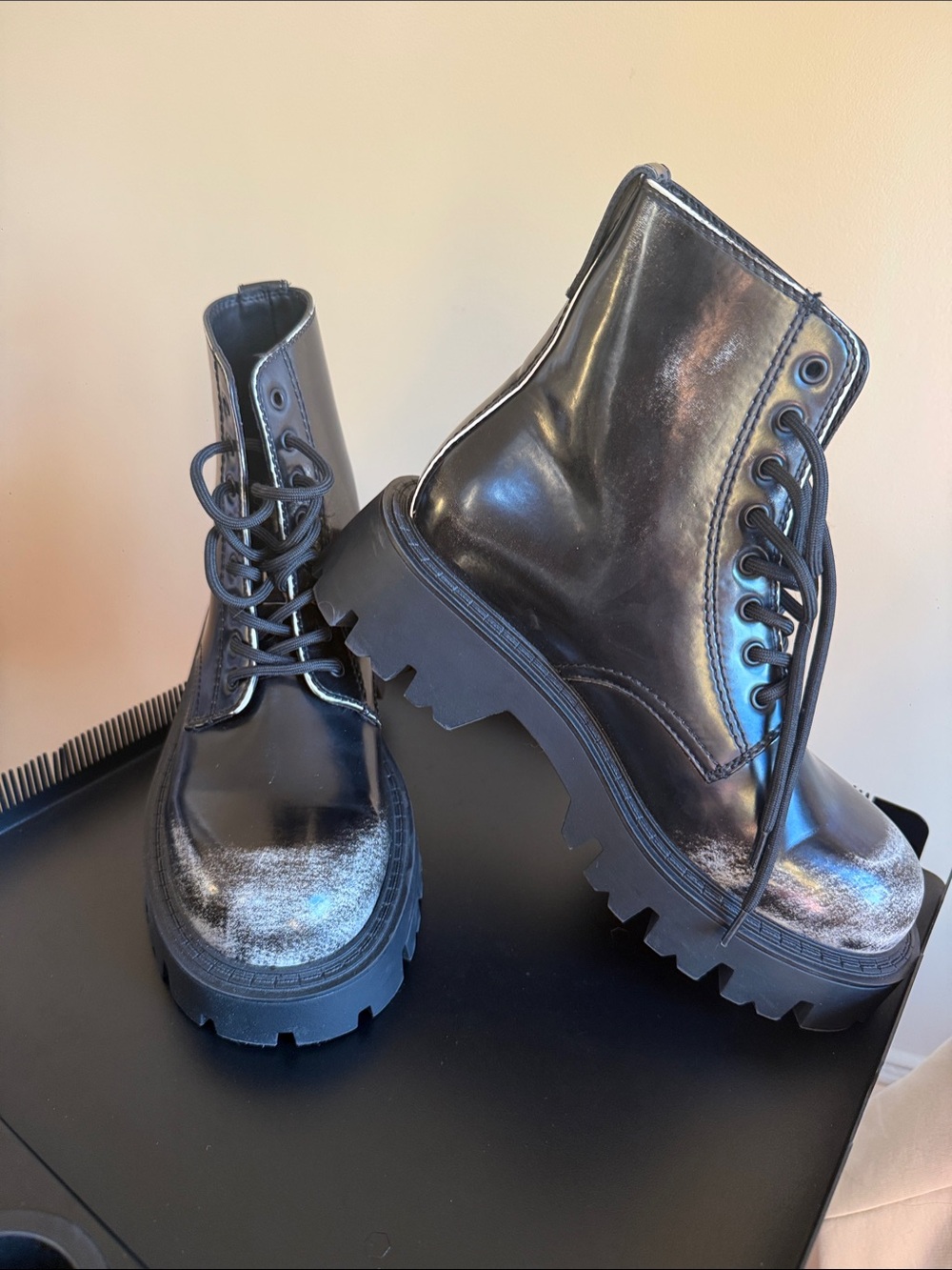 Zara Black Patent Lace-Up Chunky Sole Boots